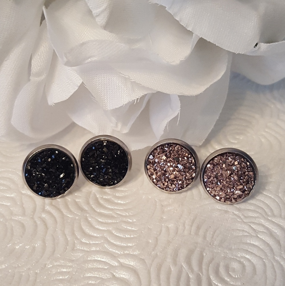 12 mm Black and Champagne Brown Druzy Earrings Bundle